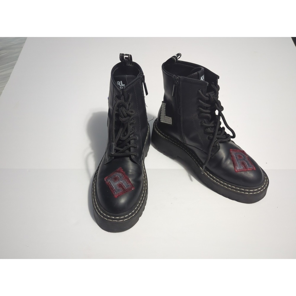 Karl Lagerfeld Paris Dixie Patch Combat Boots Sz 8 logo chunky biker festival - Picture 6 of 16